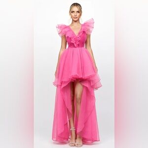 BARIANO MARINA V NECK RUFFLE HI LO GOWN B79D23L SZ 8